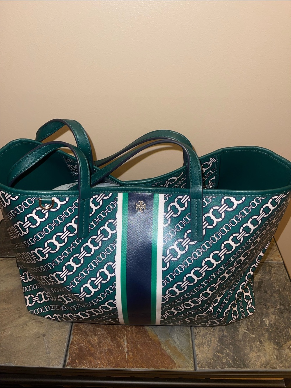 Tory Burch Teal Chain-Print Tote with Navy & White Stripe